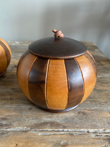 Pair of Round Wooden Carved Tribal Boxes