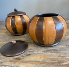 Load image into Gallery viewer, Pair of Round Wooden Carved Tribal Boxes