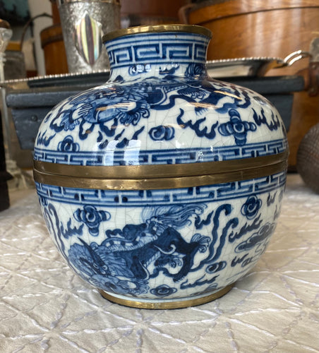 Blue and White Medium Dragon Ginger Jar w/ brass trim