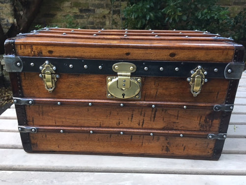 French Leather and Brass Wood Trunk w/ key