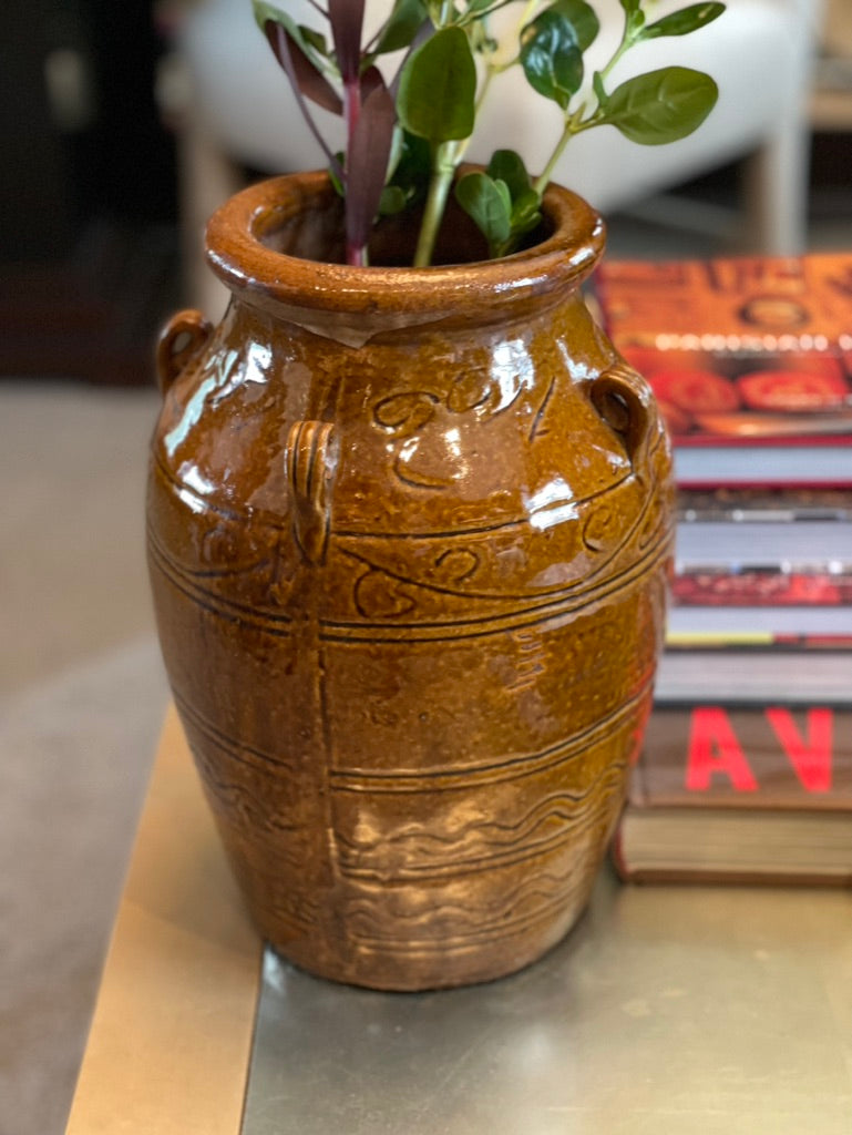 Brown Glazed Stoneware Vase with etched design