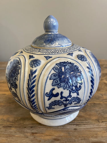 Blue and White Garden Motif Jar with lid