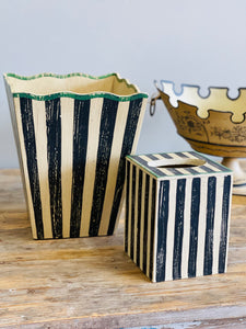 Set of Hand Painted Striped Wastebasket and Tissue Holder
