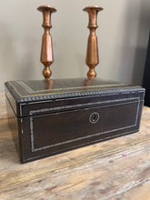 Load image into Gallery viewer, Antique Black Box with Inlaid Metal w/ key