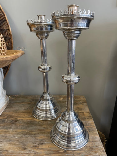 Pair of Large Silver Plated Gothic Candlesticks