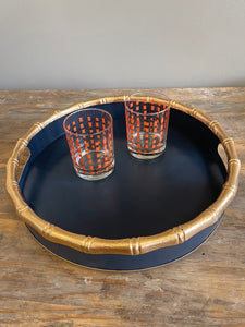 Round Navy Tray with Bamboo Trim