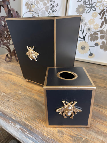 Black & Gold Bee Tissue Holder and Wastebasket