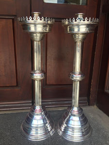 Pair of Large Silver Plated Gothic Candlesticks