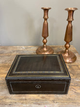 Load image into Gallery viewer, Antique Black Box with Inlaid Metal w/ key