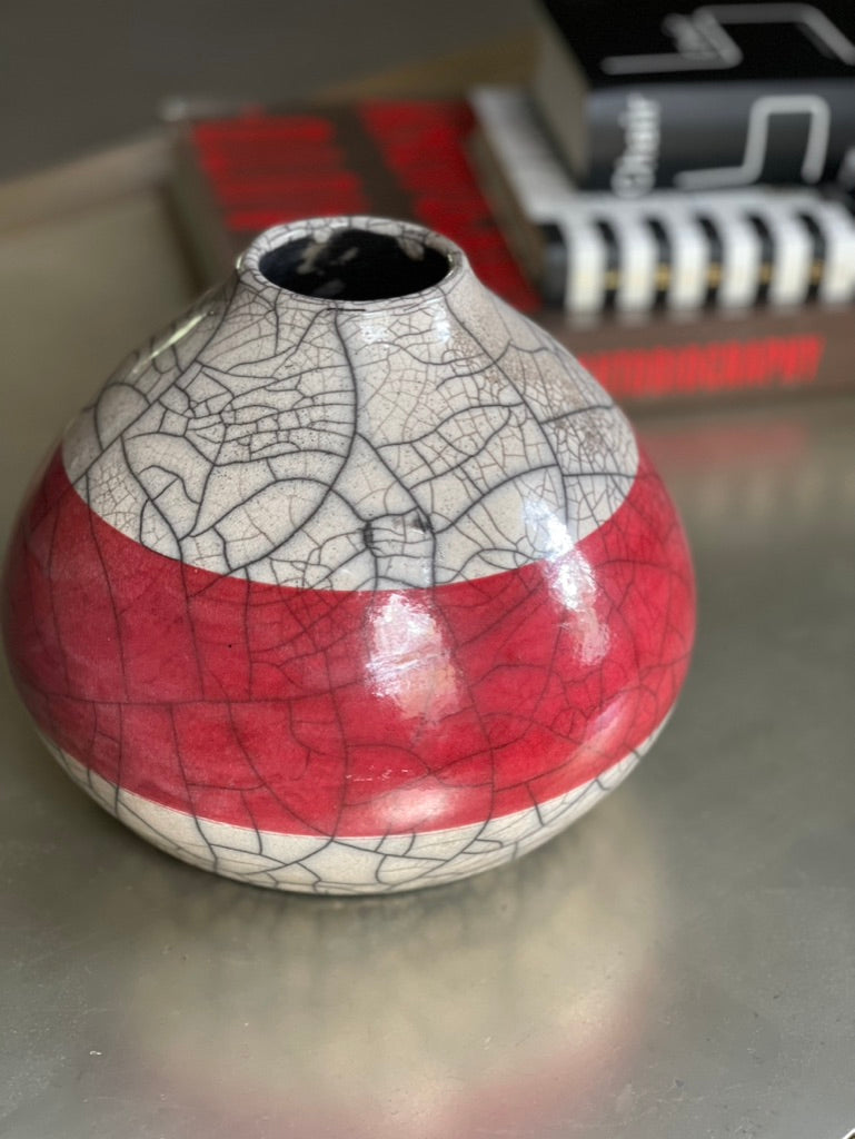 Taupe Crackle with Red Stripe Vessel