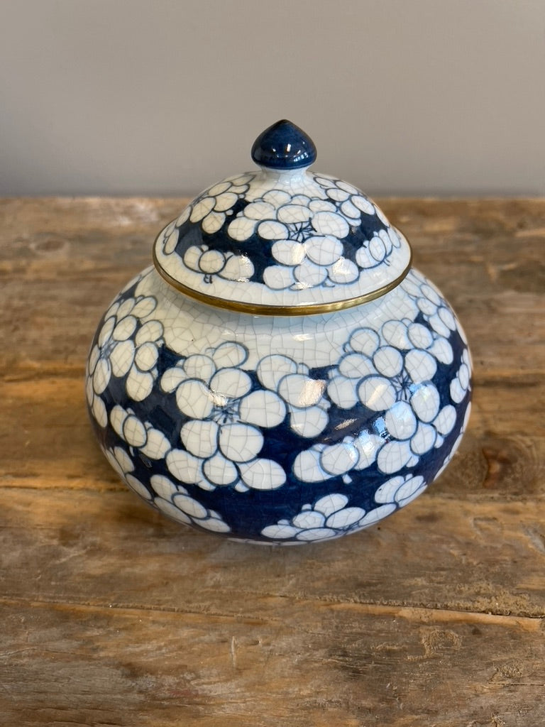 Blue and White Abstract Floral Jar with lid