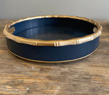 Load image into Gallery viewer, Round Navy Tray with Bamboo Trim