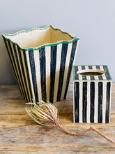 Load image into Gallery viewer, Set of Hand Painted Striped Wastebasket and Tissue Holder